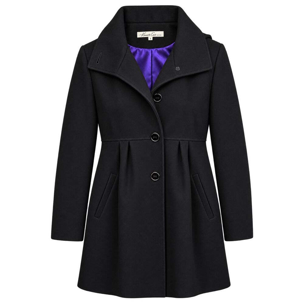 Kenneth Cole New York Black Wool Blend Swing Coat Size 8 Hooded Funnel Neck